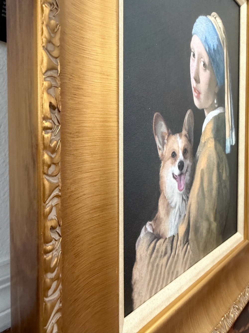 Framed 'Girl with a Pearl Earring' Style Oil Painting with Corgi - Gold Frame - Picture 13 of 16